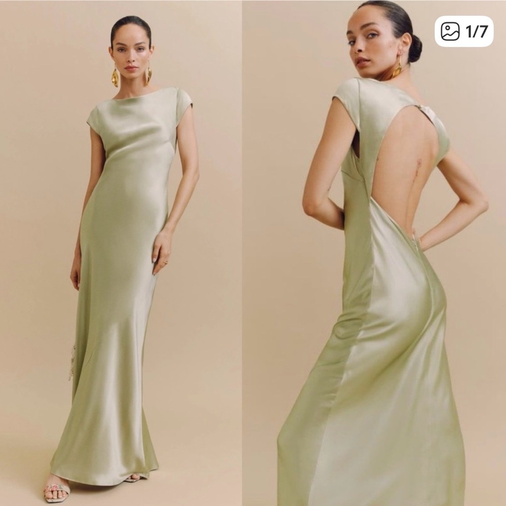 Reformation Niamh Cap Sleeve Silk Open Back Maxi Dress Gown Green
